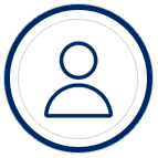 A blue and white icon of a person in front of a black background