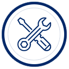 A blue and white icon of tools in a circle.
