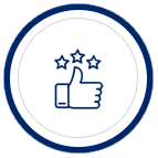 A blue and white icon of a thumbs up